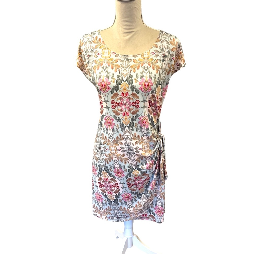 Connected Apparel Pink and Blue Sheath Dress with Tie Front